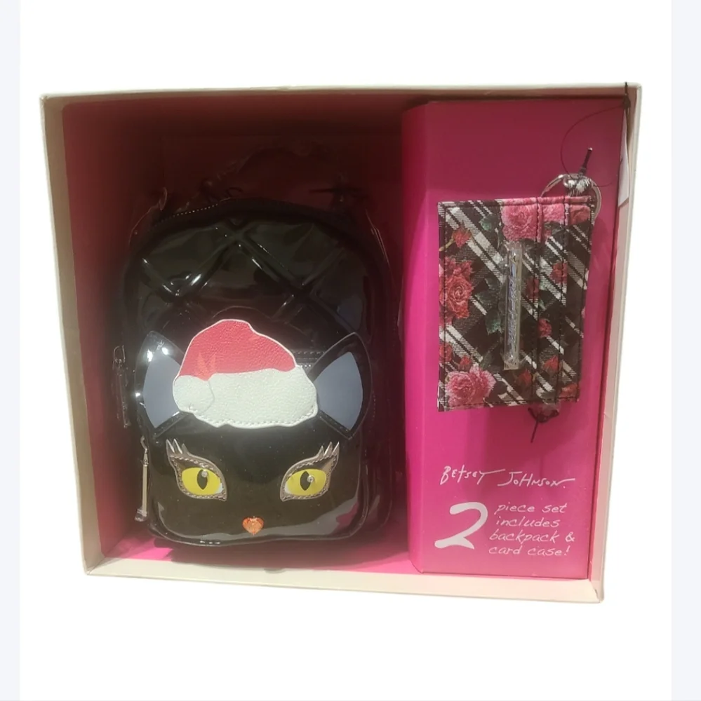 Betsey Johnson Black Patent Leather Cat Santa Hat Backpack & Card Case Set